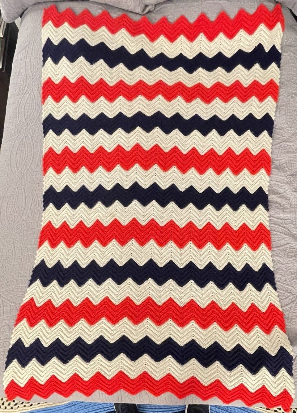 Red White & Blue Afghan Homemade 50x70 Patriotic USA Chevron Striped Blanket